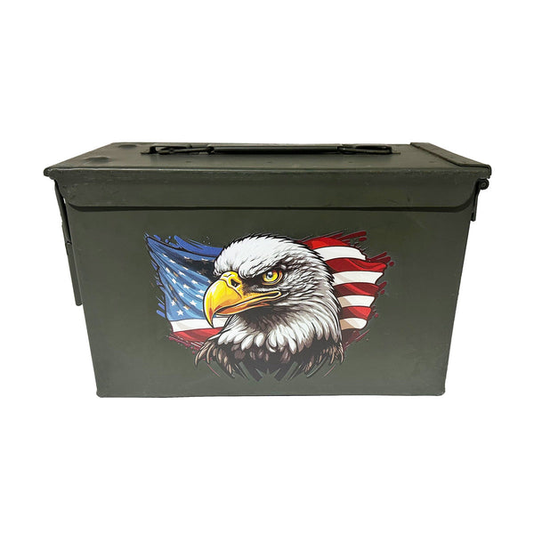 Choose 30 Cal, 50 Cal or Fat 50 Cal Ammo Can Used Grade 1 with UV Printed "Eagle Flag"
