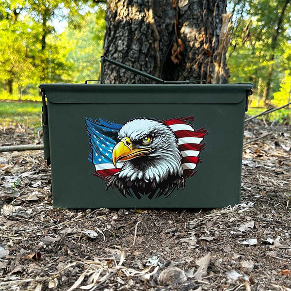 Choose 30 Cal, 50 Cal or Fat 50 Cal Ammo Can Used Grade 1 with UV Printed "Eagle and Flag"