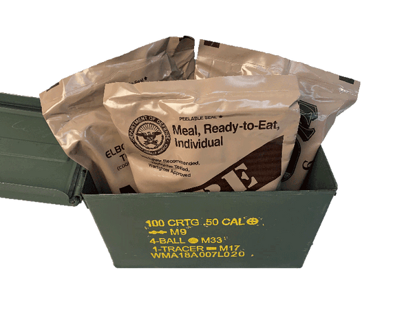 3 pack Military MREs w/50 Cal Gift Can